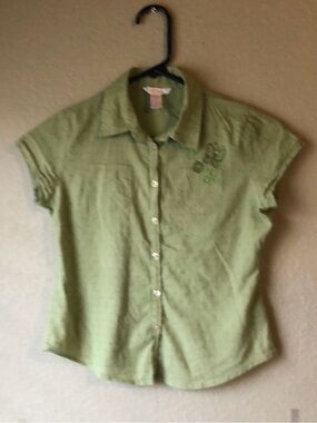 Arizona Shirt Girls Y2K Light Green Button Up Short Sleeve Casual Top Sz M 10-12